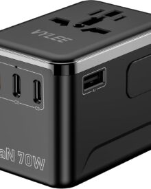 European Travel Plug Adapter, 70W Universal Power Adapter with PD Fast Charging, 5-Port (1 AC/1 USB-A/3 USB-C) International Charger Adapter for USA Europe, Japan - Travel Essentials (Black)