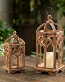 Farmhouse Lanterns Decorative Indoor: 11" & 15" Set of 2 Brown Wooden Candle Holder Lanterns for Table Centerpiece Fireplace Mantle Home Decor